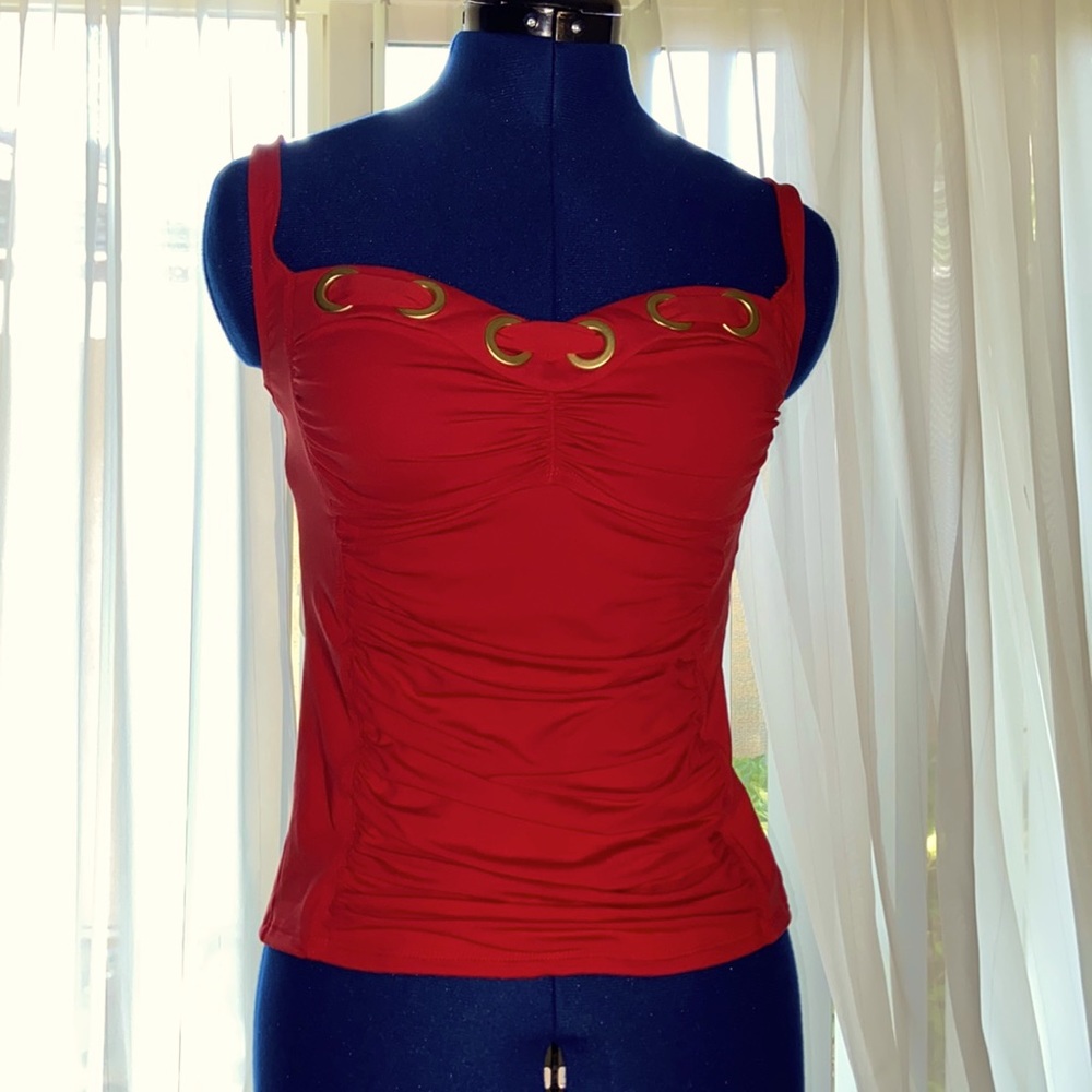 Unbranded red tankini swimsuit top size 10 gold ring grommet hardware ruched
